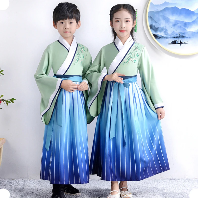New Year Kids Boy and Girl Ancient Chinese National Costumes Hanfu Festival Stage Performance Folk Dance Dress Embroidery Outfit