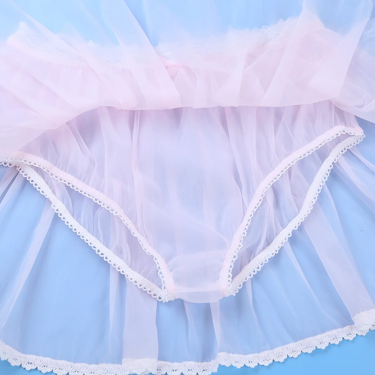 Gay Male Pink Skirt Mens See-Through Chiffon Sissy Crossdress Costume Lace Trim Skirted Panties Briefs Underwear Sleepwear