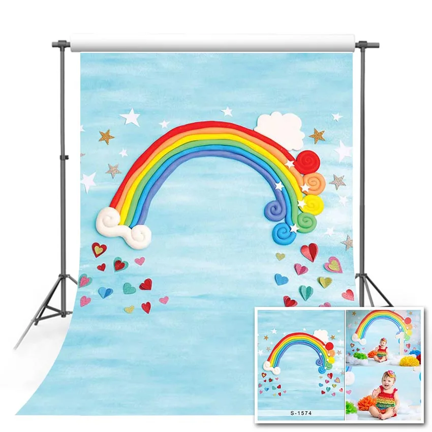 

Mehofond Rainbow Backdrop Blue Sky Clouds Stars Love Heart Newborn Baby Shower Birthday Party Photography Background Photophone