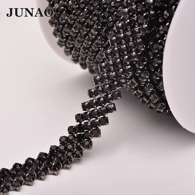 JUNAO 1 Yard SS16 Black Glass Rhinestone Cup Chain Silver Metal Trim Sew On Ribbon Strass Banding For Clothing Jewelry Crafts