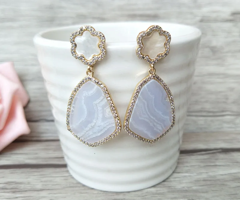1 Pair Drusy Natural Agat e Dangle earrings, Druzy Pearl Earrings,druzy gem stone earrings, Handmade Jewelry For Women ER243