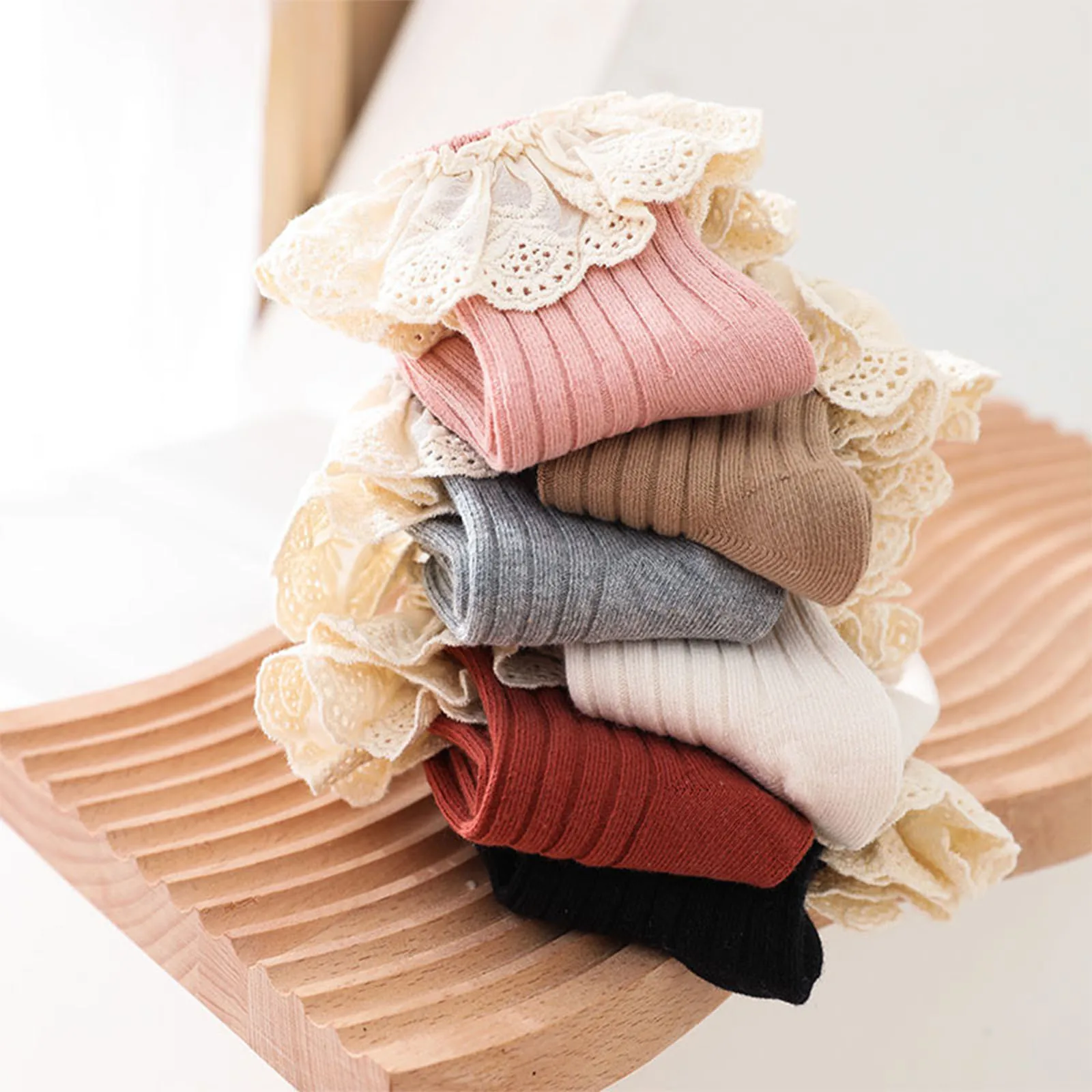 幼児用プリンセスソックス,無地,レース裾,伸縮性,0〜5歳