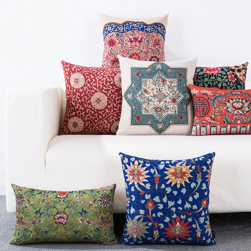 Chinese Retro Flower Pillow Cover Geometric Floral Cushion Home Decorative Sofa Chair Waist PillowCase
