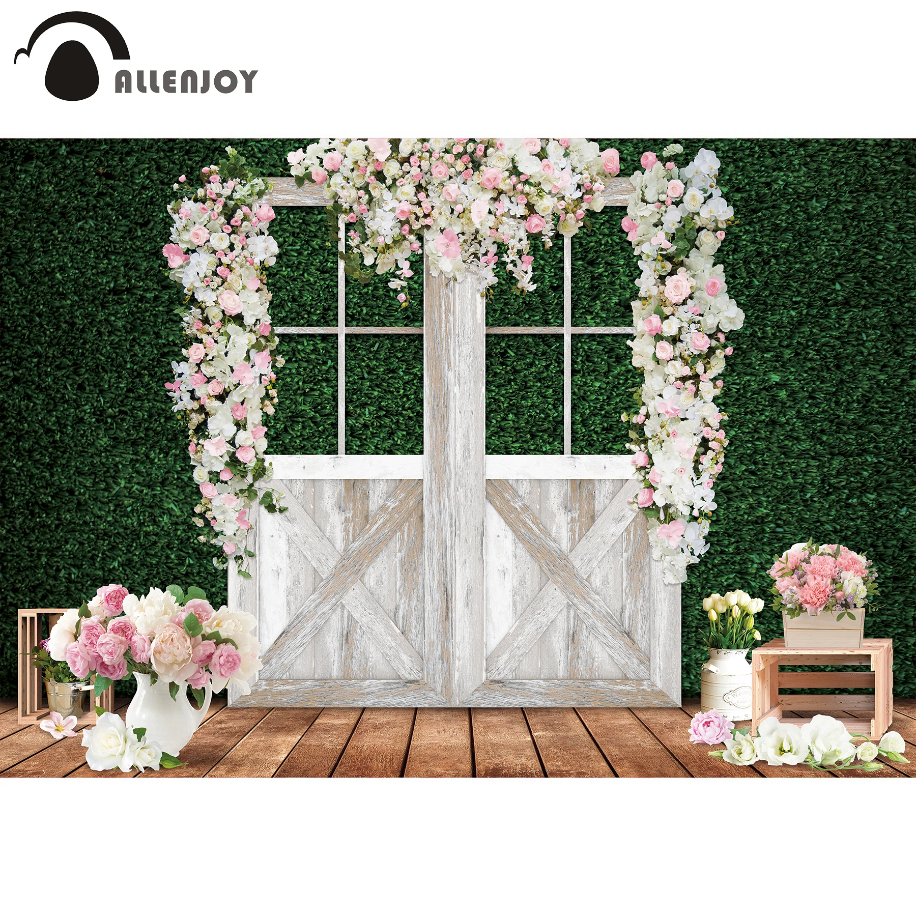 

Allenjoy Bride Shower Valentine's Day Flower Background Spring Pink Floral Backdrop for Photography Picture Wood Floor Banners