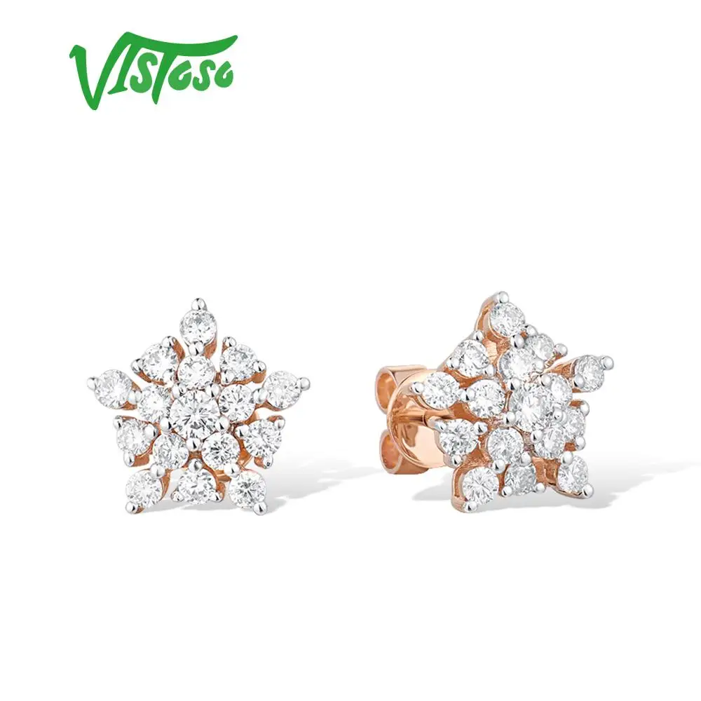 VISTOSO Gold Earrings For Women 14K 585 Rose Gold Sparkling Diamond Dainty Star Stud Earrings Fashion Trendy Party Fine Jewelry