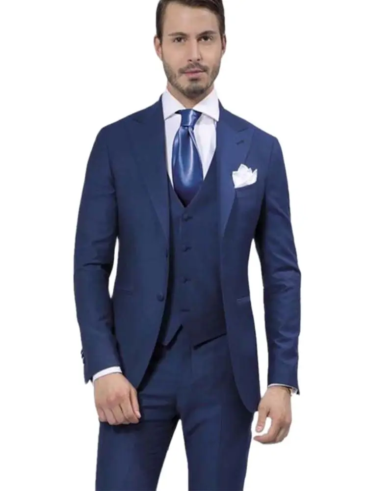 

3Pieces Mens Suits Fashion Design Navy Blue Wedding Groom Tuxedos Slim men suit Party Dress Morning Style(Jacket+Pants+Vest+Tie)
