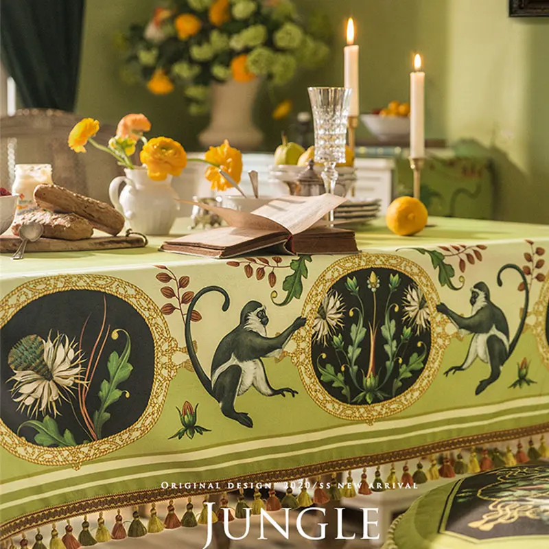 American Jungle Print Tablecloth Green Luxury Velvet Table Cloth Tassel Decor Cabinet Cover Cloth Dining Table Decor Tablecloth