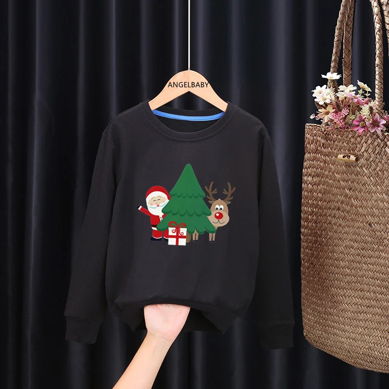 Merry Christmas Deer and Santa Print Kids Sweatshirts Funny Kawaii Children Hoodies Autumn Baby Pullover Tops Girls Boys Clothes