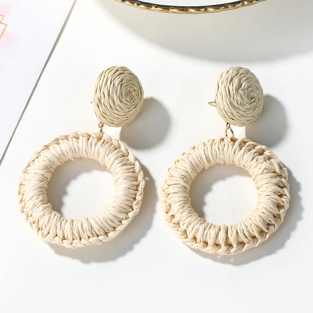 YAOLOGE 2019 Trendy Korean Handmade Wooden Rattan Knit Earrings For Women Boho Hollow Round Big Geometric Vine Drop Earring