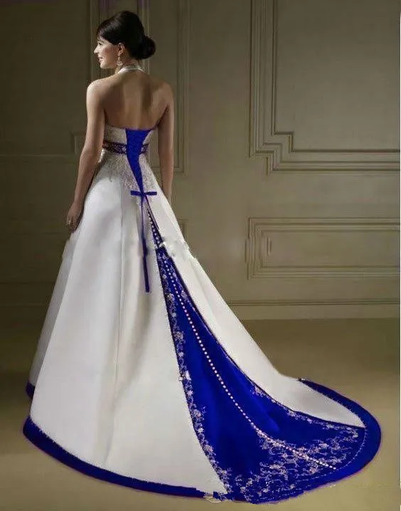 Vintage White and Royal Blue Stain Wedding Dresses 2022 Halter Neck Court Lace Embroidery Beaded Lace-up Corset Bride Gown