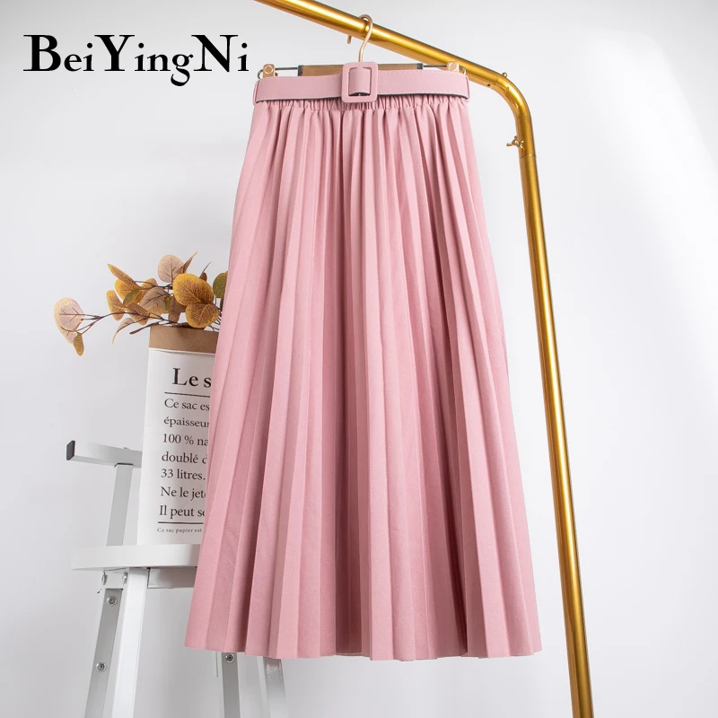 Beiyingni gonna donna a vita alta Casual Vintage Solid Belted gonne Midi pieghettate Lady 11 colori moda semplice Saia Mujer Faldas