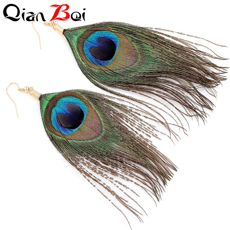 QianBei Resell Ethnic Earrings Long For Women Green Peacock Feather Drop Color Gold Hook Earring