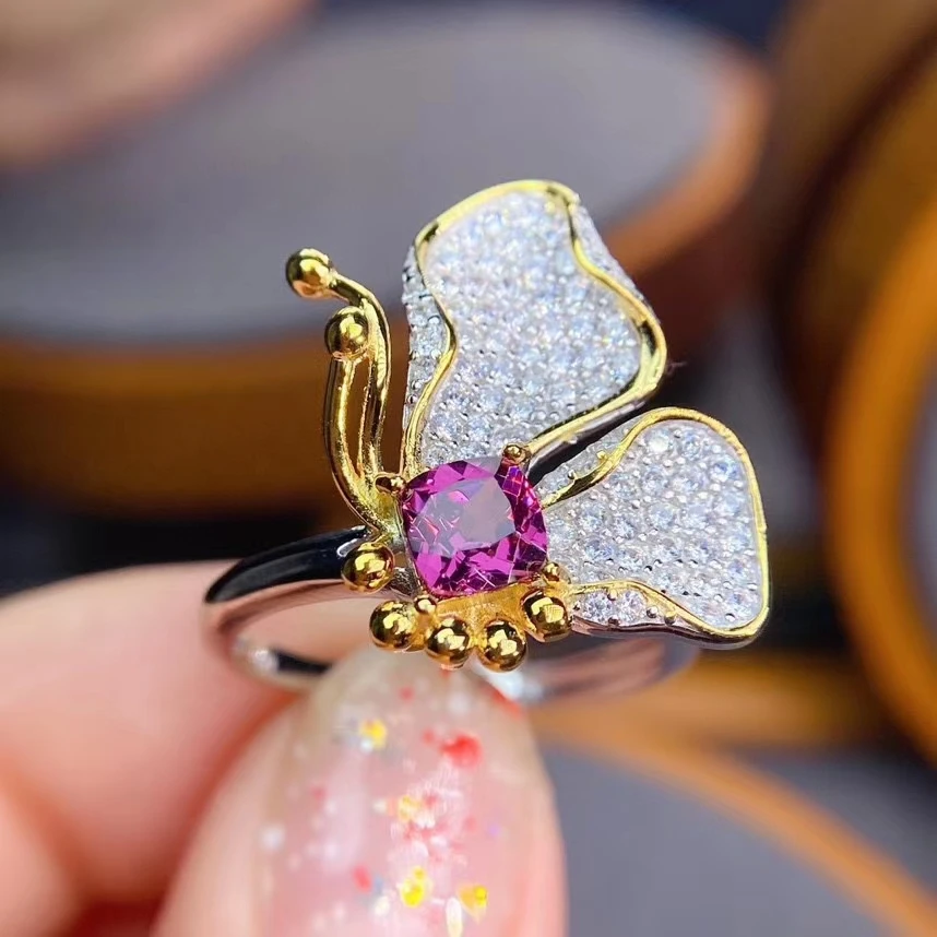KJJEAXCMY fine jewelry 925 sterling silver inlaid Natural garnet New Chinese style women's butterfly gem ring support detection