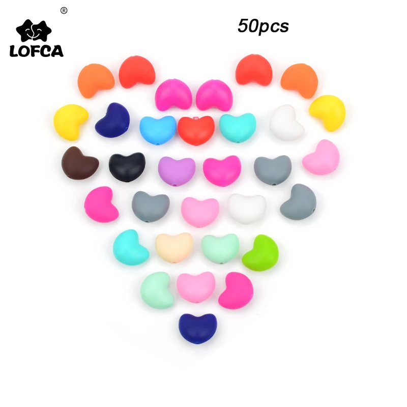 LOFCA 50pcs Heart Shape Loose Silicone Beads For Teething Necklace Pendant Beads For Baby Teether BPA Safe DIY baby teether