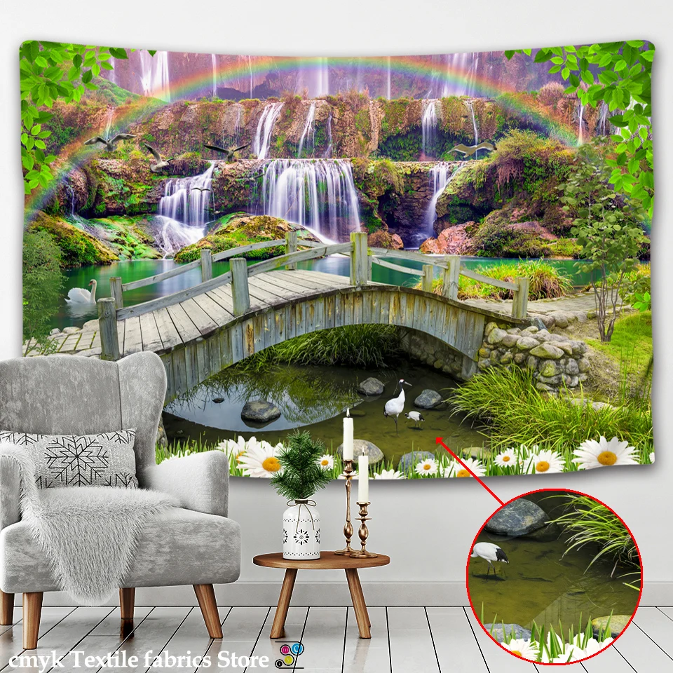 3D Forest Waterfall Tapestry Wall Hanging Rainbow Natural Landscape Bohemian Hippie Table Mat Home Decor Background Cloth