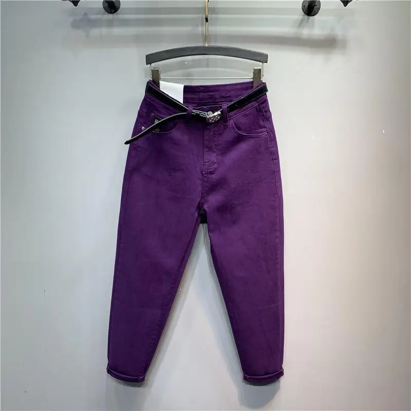 Korea-style Purple Casial Denim Trousers 2021 New Spring Autumn Loose Cotton Elastic Pencil Jean High Waist Harem Pants Women