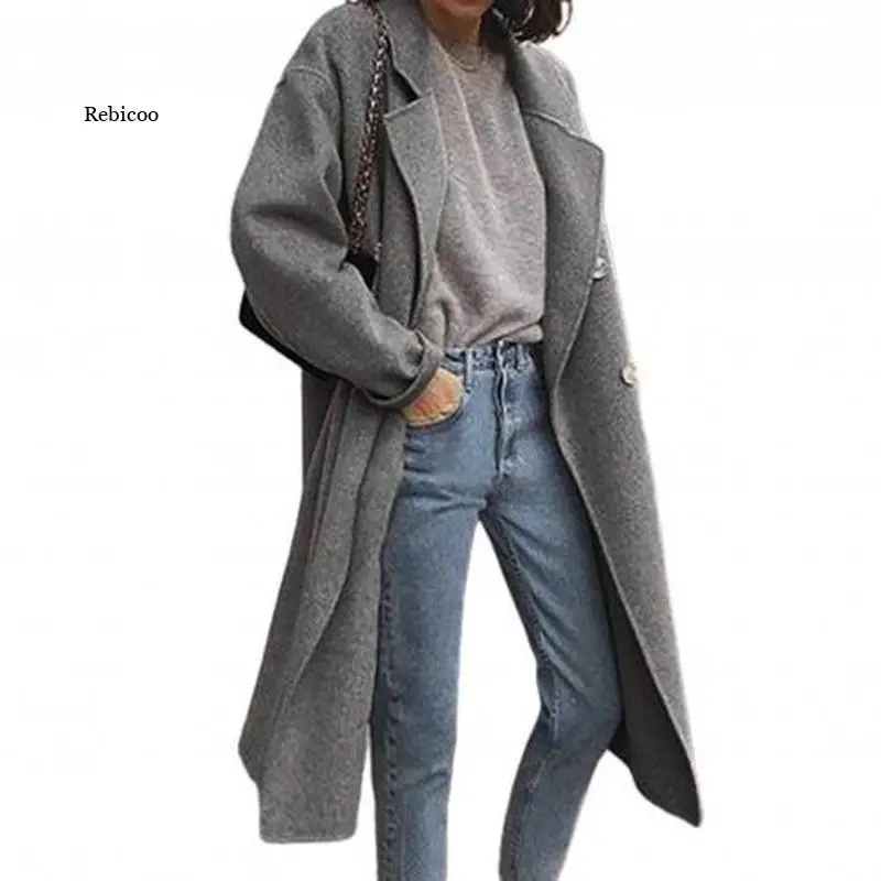 

New Elegant and Fashionable Women's Windbreaker Lapel Long-sleeved Double-breasted Loose Woolen Coat Women Korean Style