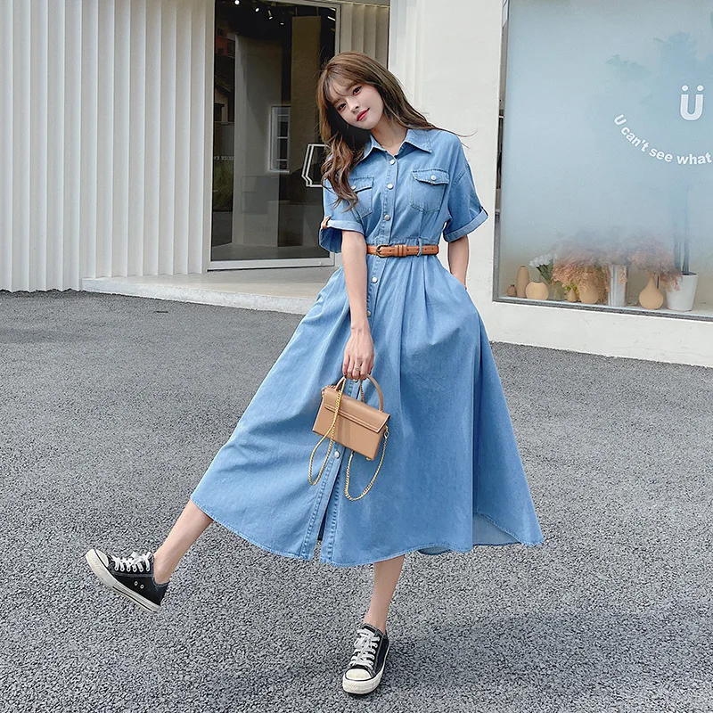 

2022 Summer Short Sleeve Denim Dress With Belt For Women Large Size Lapel Single-breasted Jeans Dresses Female E029