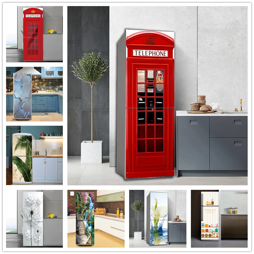 Red Telephone Booth Refrigerator Sticker Self-adhesive Vinyl Plant Waterfall Wall Stickers For Kitchen Fridge Door Cover Decals