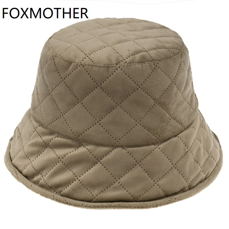 FOXMOTHER New Black  Warm Casquette Panama Outdoor Fishing Cap Velvet Plaid Bucket Hats Fisherman Caps Women Lady Winter 2020