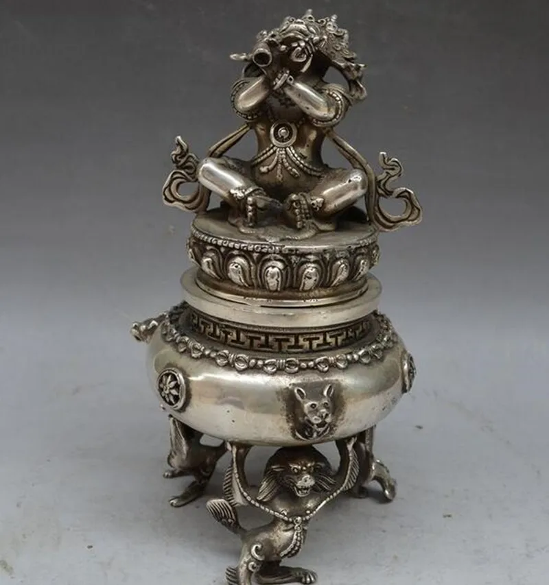 

Archaize Tibet White copper Mahakala Buddha Incense Burner Censer