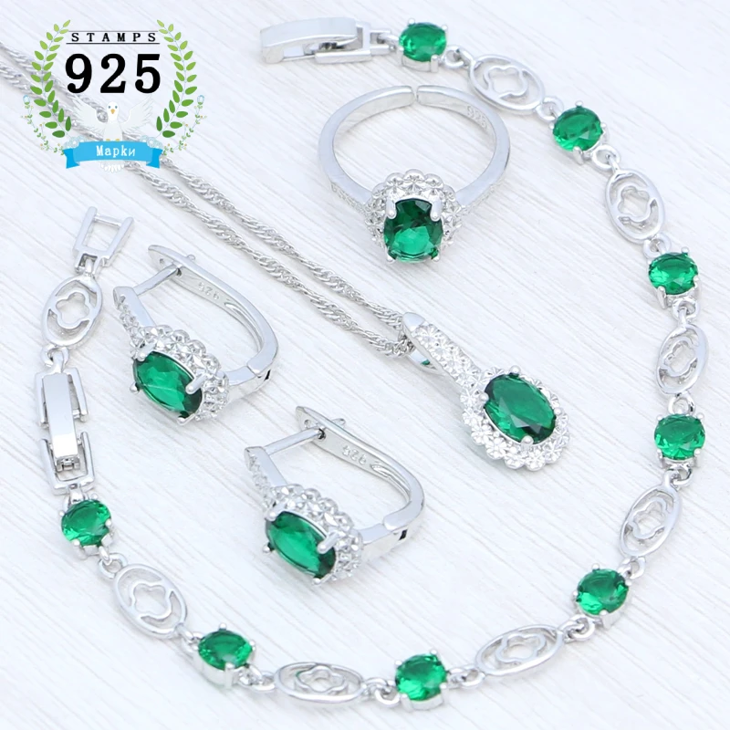 Silver 925 Jewelry Kit Adjustable Ring Earring Pendant Chain Bracelet Green Egg Cubic Zirconia Bridal Jewelry Set