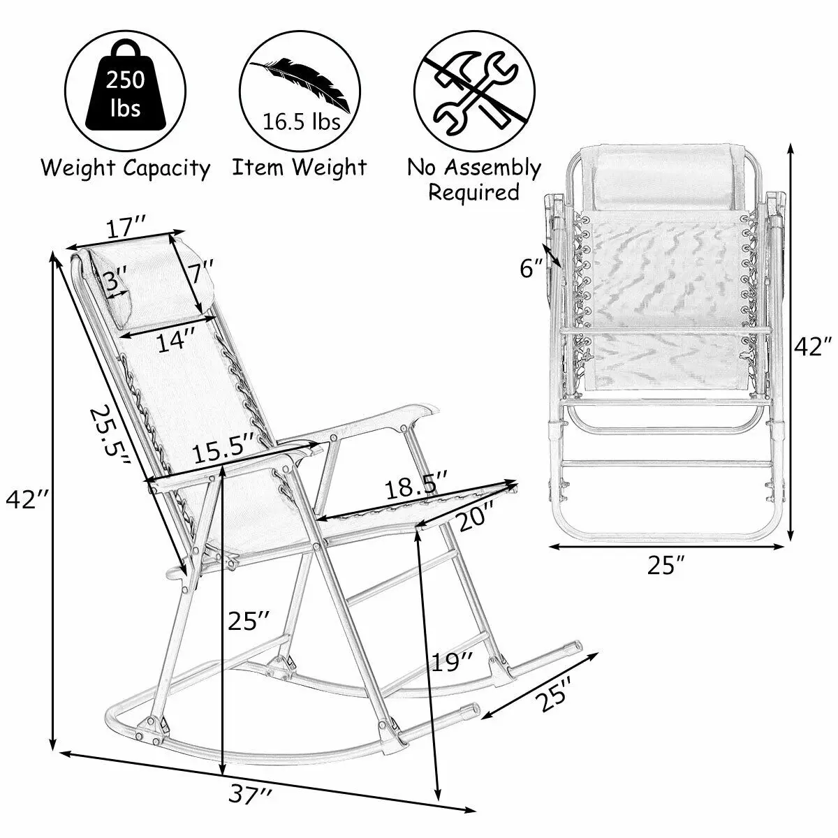 Costway Folding Zero Gravity Rocking Chair Rocker Porch Outdoor Patio Headrest Blue