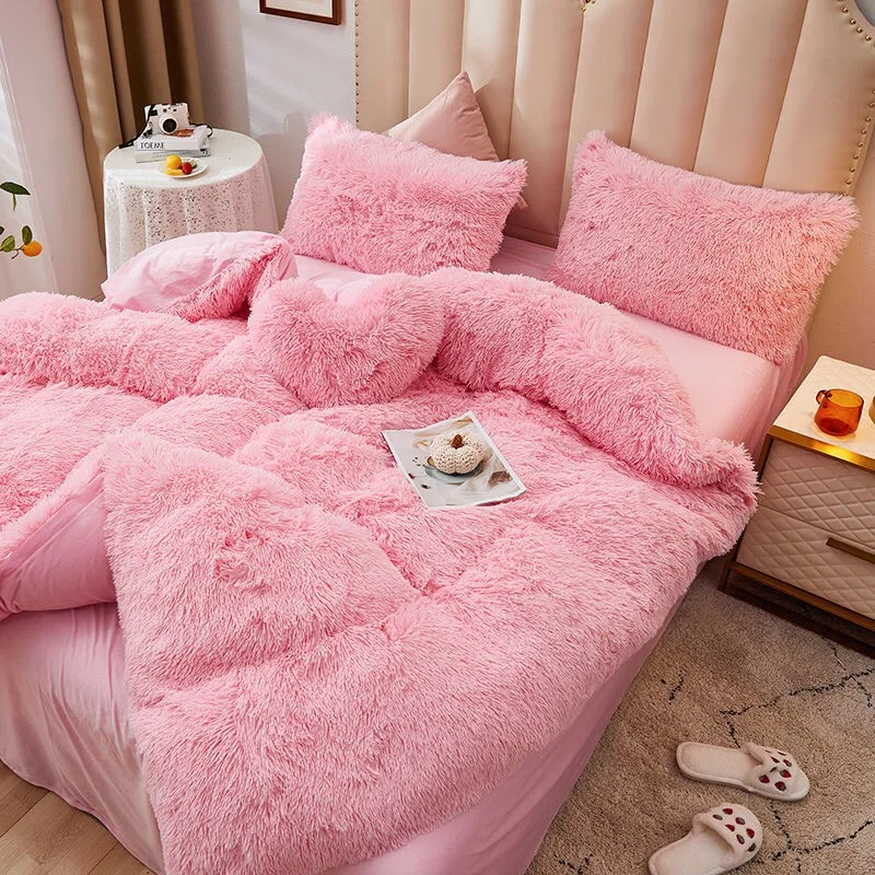 WOSTAR Winter warm plush duvet cover pink mink velve+fluffy flannel quilt cover 220x240 king size luxury double bed bedding set