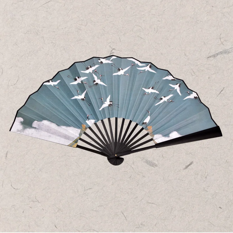 Auspicious Crane Thin Gold Rice Paper Gift Hand Fan Portable Folding Fan Summer Chinese Crane Japanese Decor Ventaglio A Mano