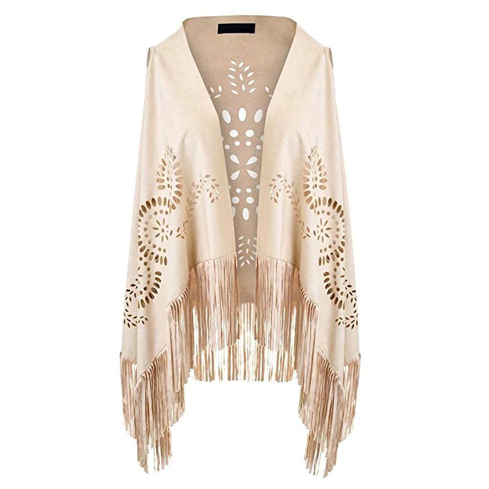 Suedette V-Neck Front-Open Fringe Sleeveless Cardigan Gilet Vest with Punch Hole Patterns for Ladies Dropshipping