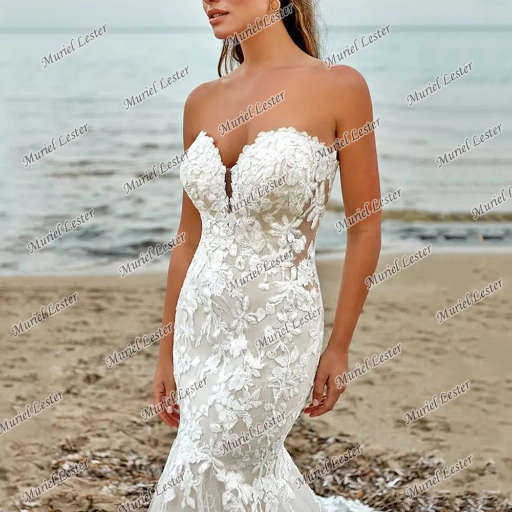 Robe De mariée sirène De luxe, sans bretelles, en dentelle, avec des Appliques, Sexy, pour femmes