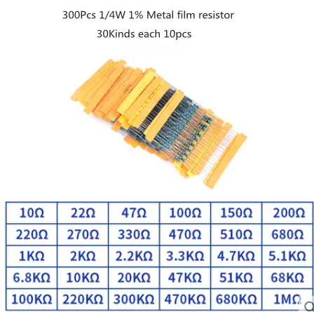 600pcs/set 30 Kinds 1/4W Resistance 1% Metal Film Resistor Pack Assorted Kit 1K 10K 100K 220ohm 1M Resistors 300pcs/set