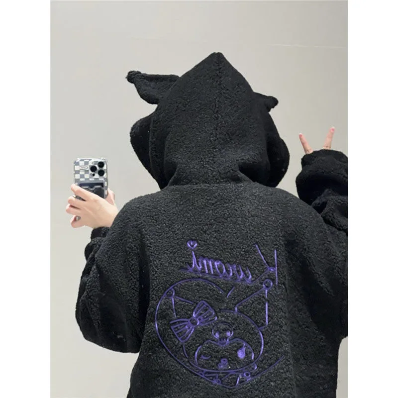 Lambswool Black Hoodies Women Fuzzy Hoodies Zipper With Pocket Autumn Cartoon Embroidery Sweatshirts Aesthetic Oversized Female