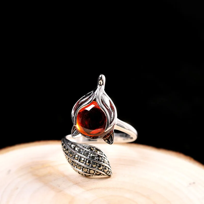 

Uglyless Natural Green Jade Jasper Fox Rings for Women Real 925 Sterling Silver Aninal Foxes Open Rings Zircons Fine Jewel R1046