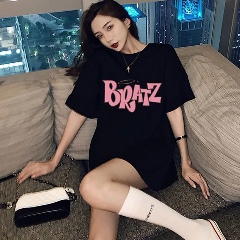 t-shirt women clothing aesthetic Bratz letter t shirt women casual Black tops fashion short sleeve Summer gothic female T-shirt