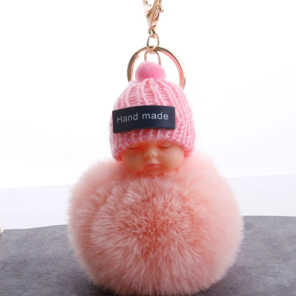 Fashion Colorful Sleeping Baby Doll Hanging Piece Hair Ball Pendant Cute Fluffy Pompom Chain Cotton Wool Holder Bag Ball Toy