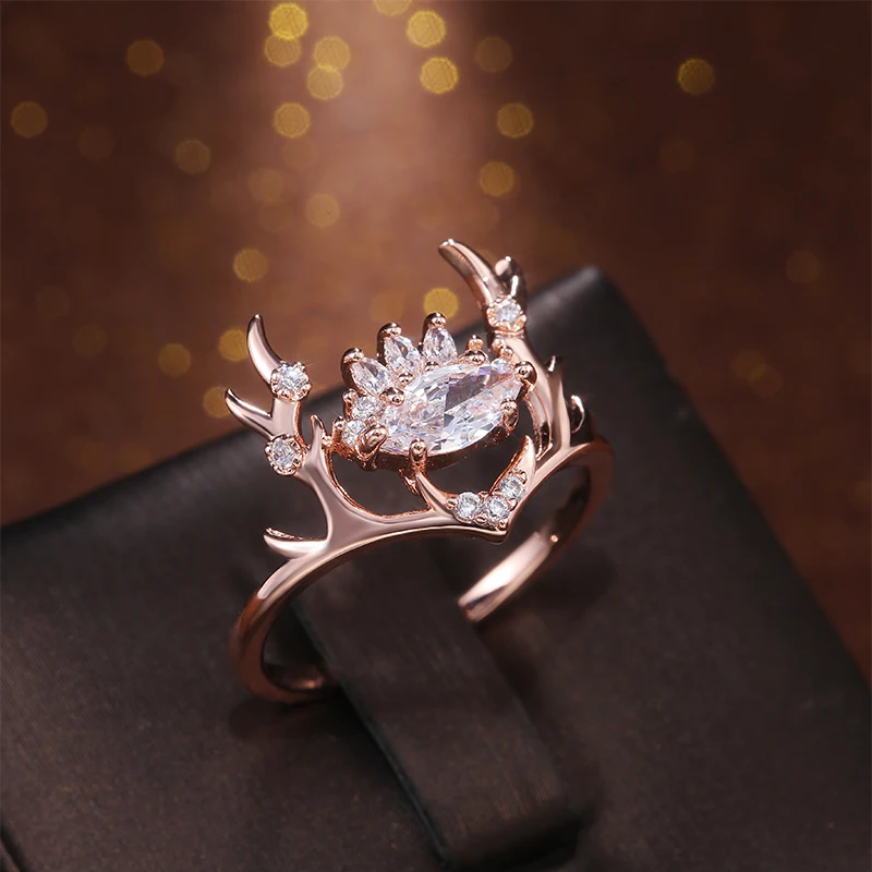 Huitan Fashion Elk Women Ring Rose Gold Color Cute Antler Crystal Zirconia Christmas Party Present Rings Accessories New Design