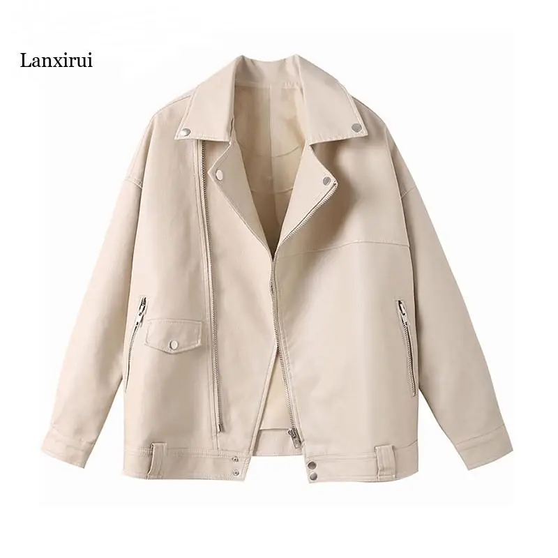 

New Beige Pu Jackets Women Autumn Faux Leather Outerwear Casual Oversized Motorcycle Biker Leather Coat Female