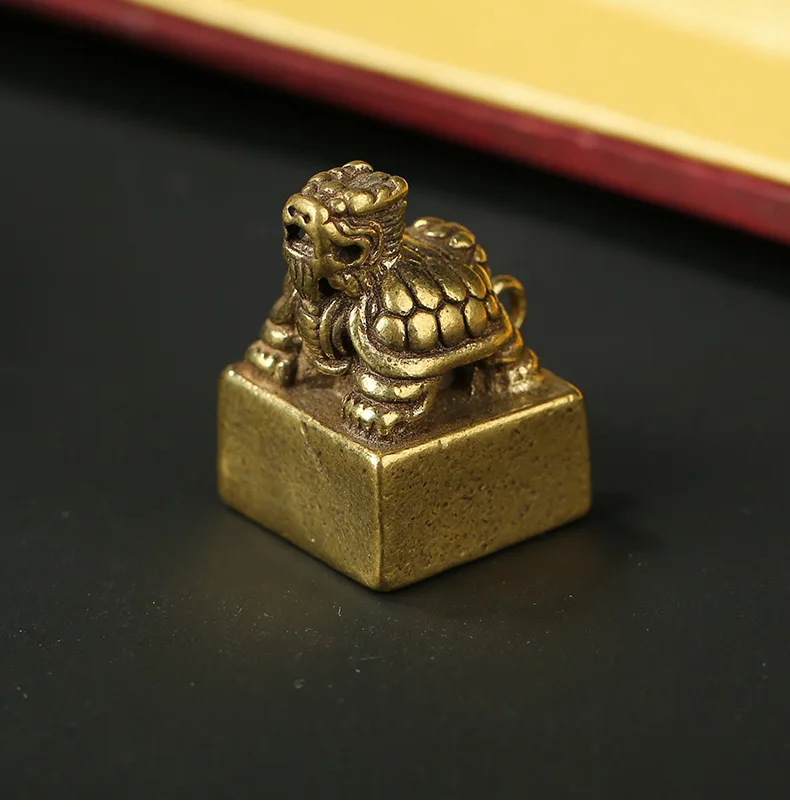 Retro Brass Dragon Turtle Seal Keychain Ring Pendant Miniature Stamp Fitting Souvenir Accessory