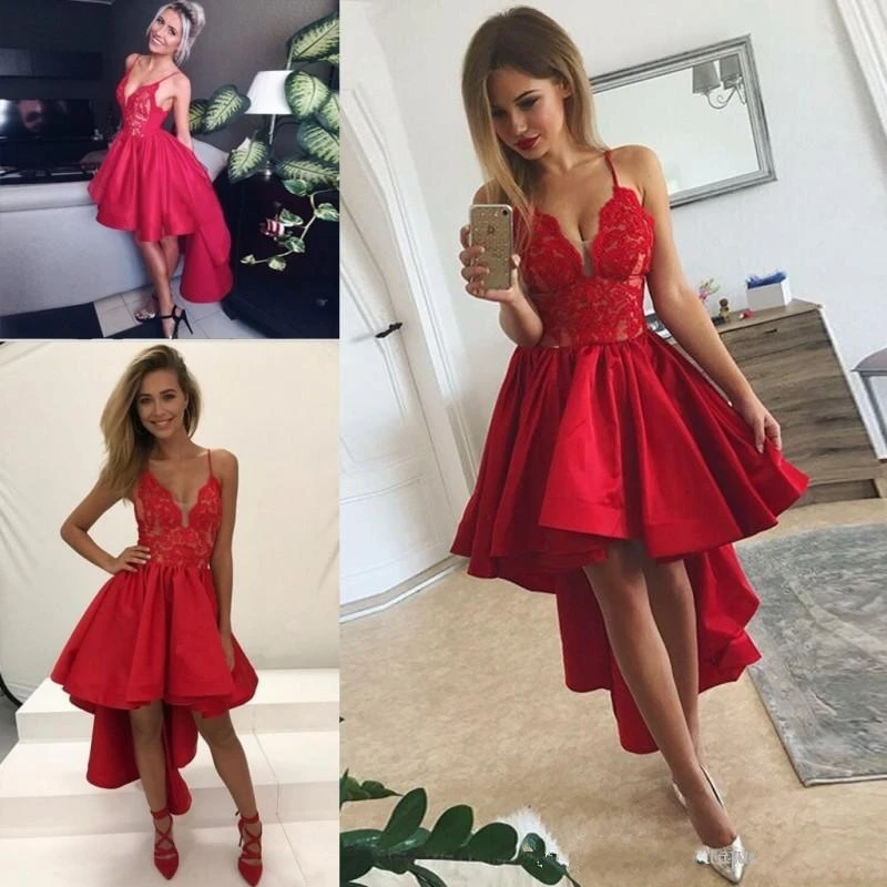 

Red High Low Arabic Prom Dresses 2020 Sexy Spaghetti Top Lace Satin Evening Gowns Ruffles Cheap Cocktail Party Dress