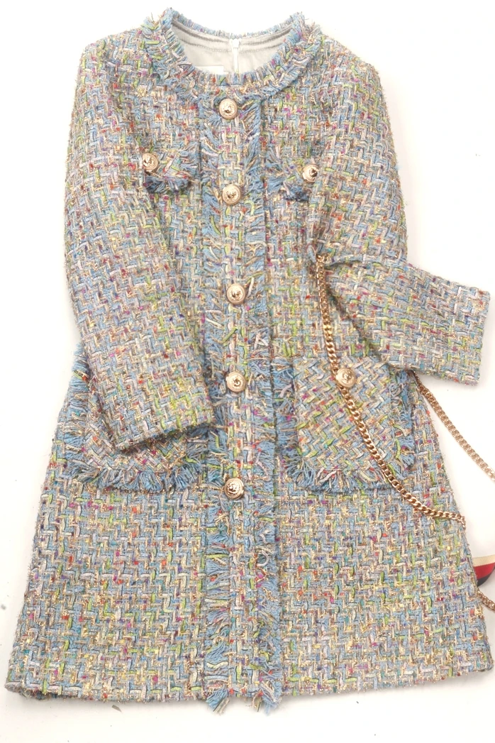 

Autumn 2022 Waist Tweed Dress Long Tassel Skirt Long Sleeve Jacket Outwear Round Collar Temperament Women Clothing