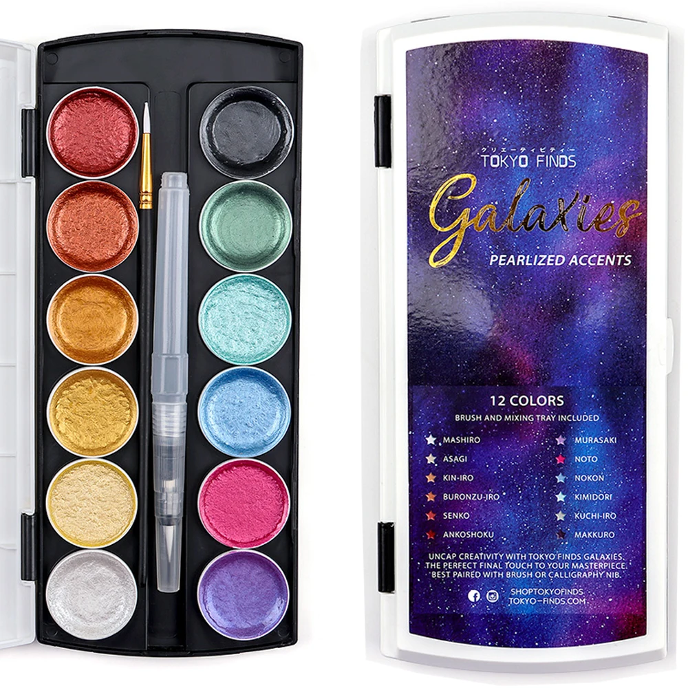 

12Color Metallic Watercolor Set Gold Pigment Paint With Waterbrush for Artist Painting Glitter Water Color Art Supplies