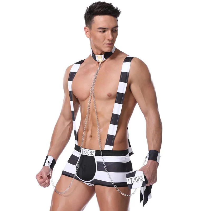 Corzzet Preto/Branco Sexy Traje Prisioneiro Trajes De Halloween Para Homens Adulto Roupas Cosplay Masculino Carnaval Party Club Mens Unifom