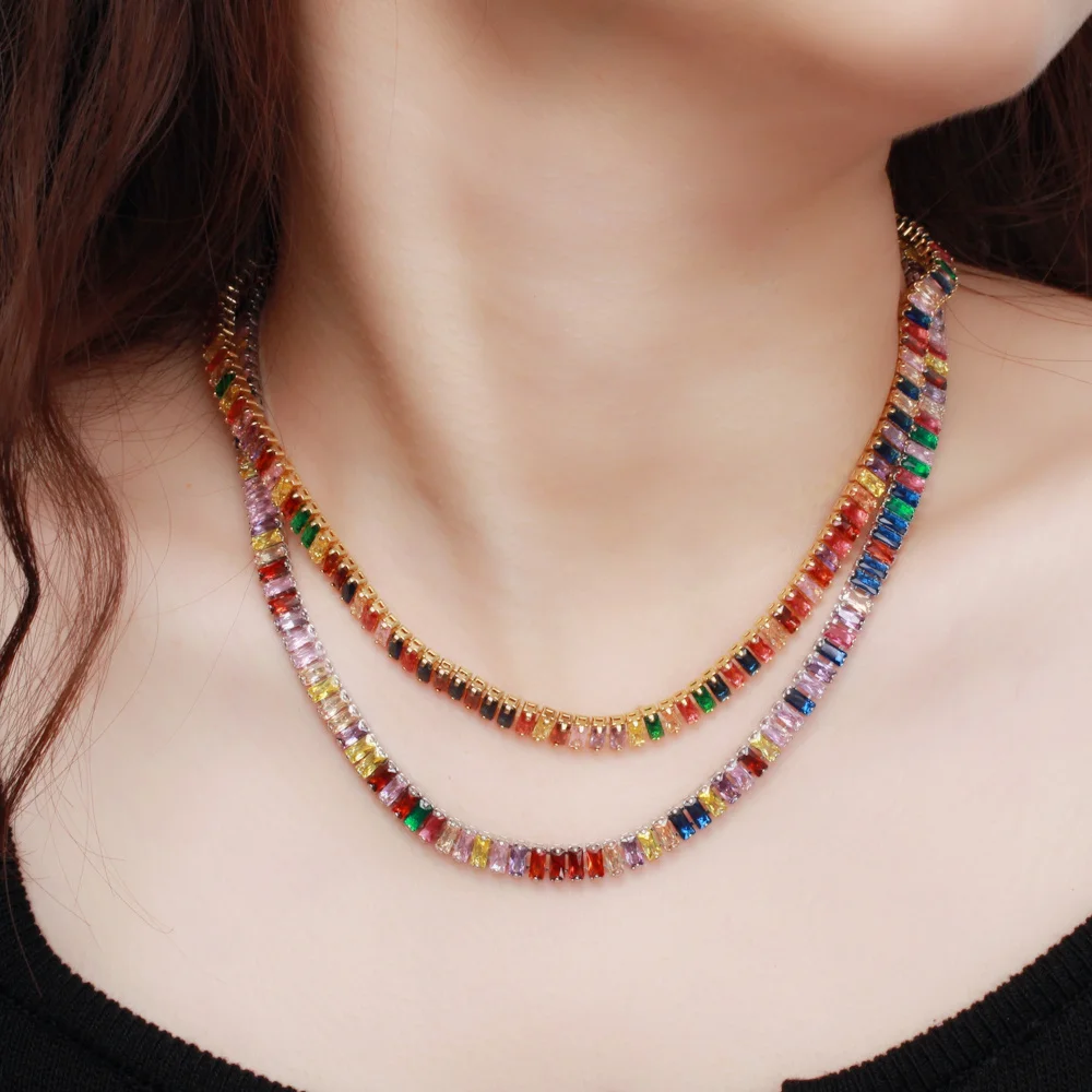 CWWZircons Chic Multicolor Rainbow Baguette Cubic Zirconia Crystal Round Necklace for Women Engagement Party Boho Jewelry CP080