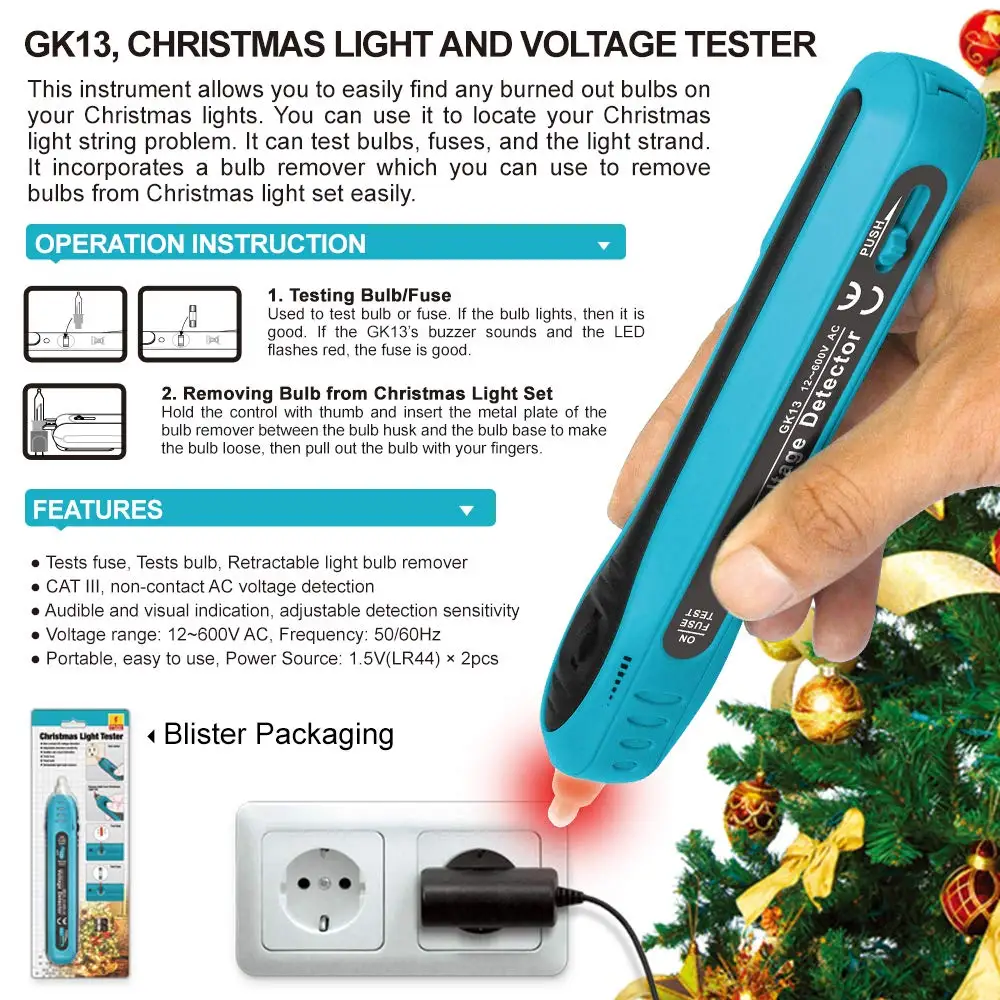 allsun Christmas Light Tester Non Contact Voltage Tester Light Bulb&Fuse Detector 12-600 V AC Voltage Detector