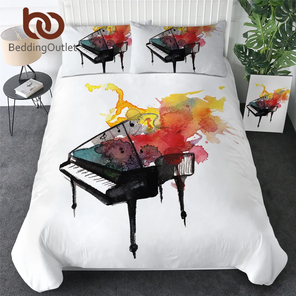 

BeddingOutlet Piano Bedding Set with Pillowcase Watercolor Duvet Cover Music Youth Bedclothes Luxury White Bed Set 3pcs Queen