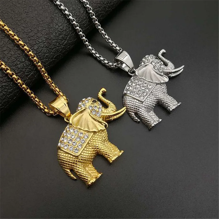 Iced Out Zircon Elephant Pendant Animal Necklace Jewelry Gold Color Stainless Steel Bling CZ Men\'s Hip Hop Pendant For Women