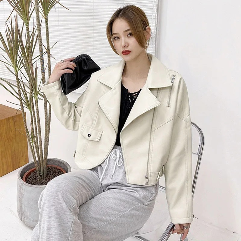 Autumn Korean Short Faux PU Leather Jacket Coffee Color Beige Black Loose Casual Lapel Long Sleeve Biker Jacket Mujer Chaqueta