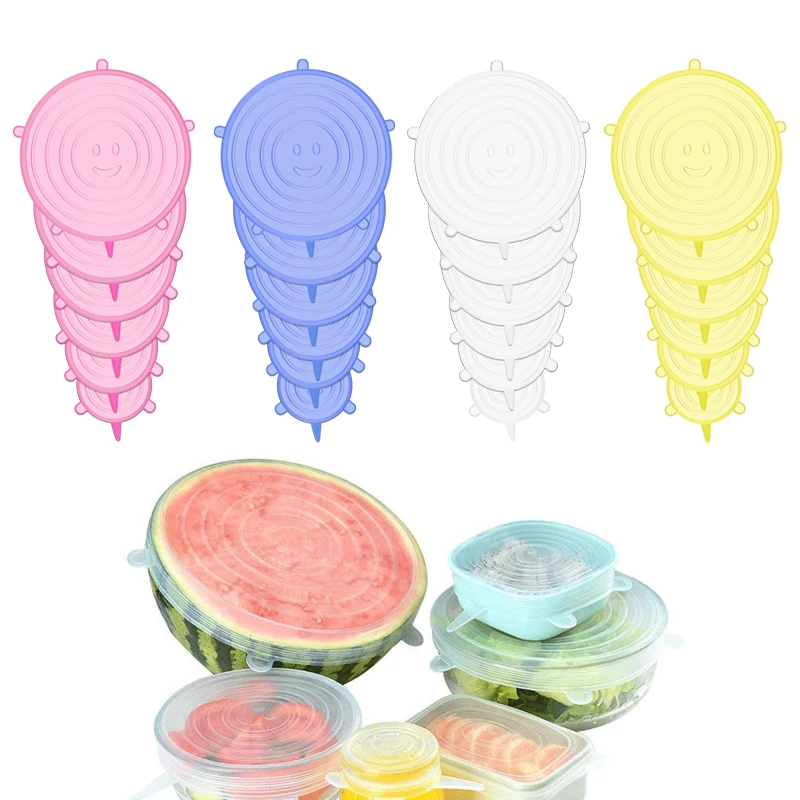 6Pcs Silicone Stretch Lids Kitchen Tools Accessories Reusable Food Wrap Sealed Cover Keep Fresh Stretchy Bowl Cover