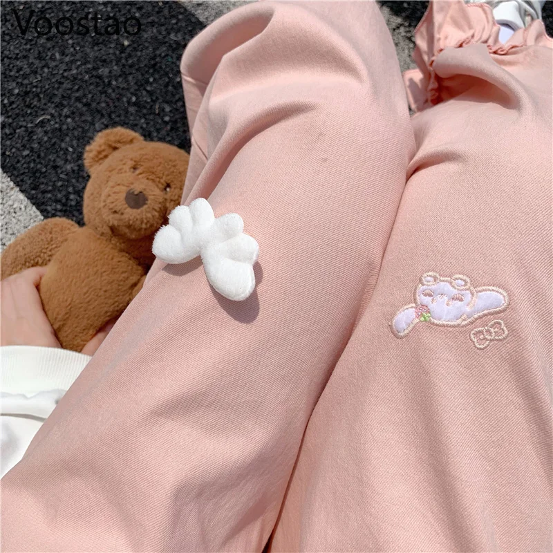 Japanese Kawaii Sweatpants Women Sweet Rabbit Embroidery Angel Wings Ruffles Bloomers Girly Pants Lolita Loose Straight Trousers